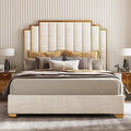 AMERLIFE California King Size Upholstered Bed, Modern Velvet Bed Frame with 65.4” Tall Gold Trim Headboard, No Box Spring Needed, Cream