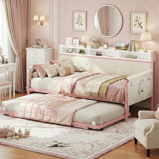 LIKIMIO Daybed with Trundle, Twin Bed Frame with Upholstered Headboard and Charging Station, Sofa Day Bed with Strong Supports for Living Room, Bedroom and Guest Room, Pink