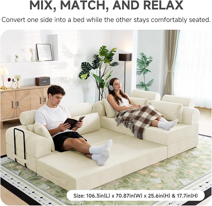 106" L-Shaped Boneless Sectional Couch, 2-Piece 70.87" Modules, Converts to 141.7" Extra-Long Straight Sofa, Corduroy Couch in a Box with Headrest & Back Pillows for Living Room, White