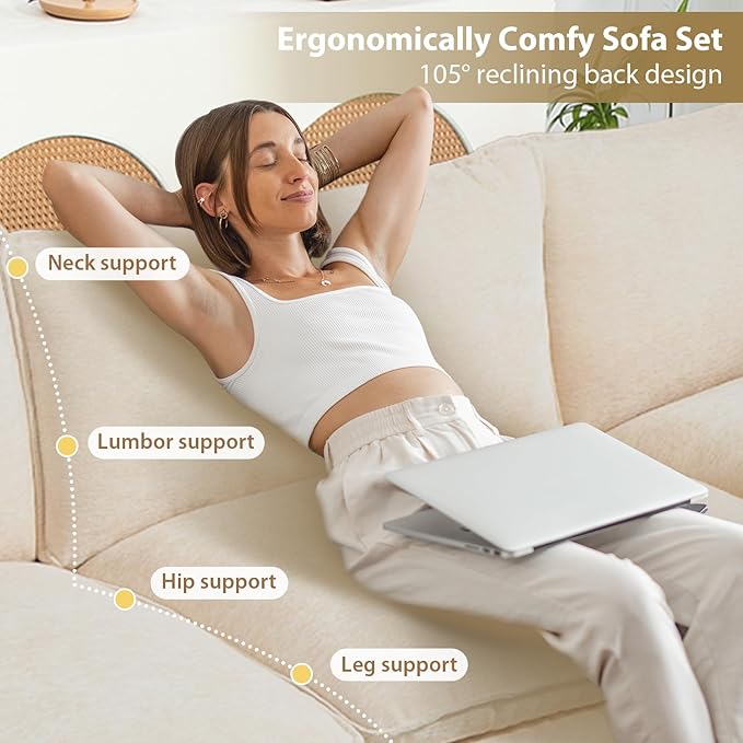 Oversized Modular Sectional Sofa, 146.5 Inch U Shaped Cloud Couch Set, 4-Seat Comfy Convertible Sofa with 2 Movable Ottoman, DIY Combination Sleeper Couch for Living Room(Chenille, Beige)