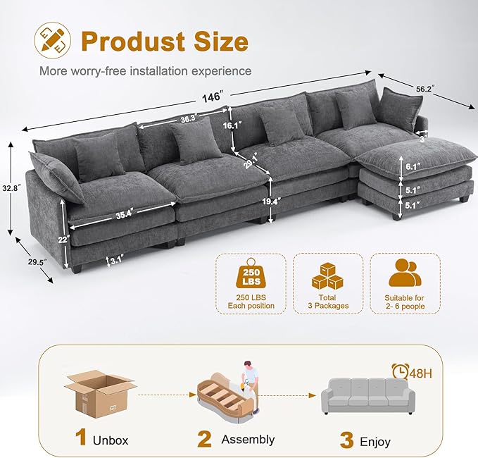 U-Shaped Cloud Chenille Sofa Sectional Couch with 2 Ottomans, 146" Modular Sofa for Large Spaces, Ultimate Comfort with Deep Seats & Pillows, Solid Frame, 1YR Warranty