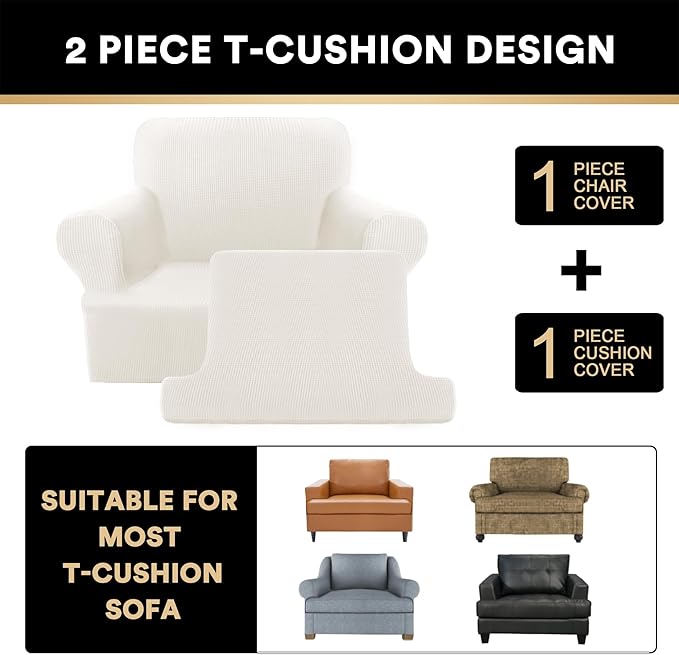 PrinceDeco 2 Pieces Armchair Slipcover Stretch Couch Covers for T Cushion Chair Slipcovers Soft Arm Chiar Cover Furniture Covers with 1 Individual T Shape Seat Covers Width Up to 40", Porcelain