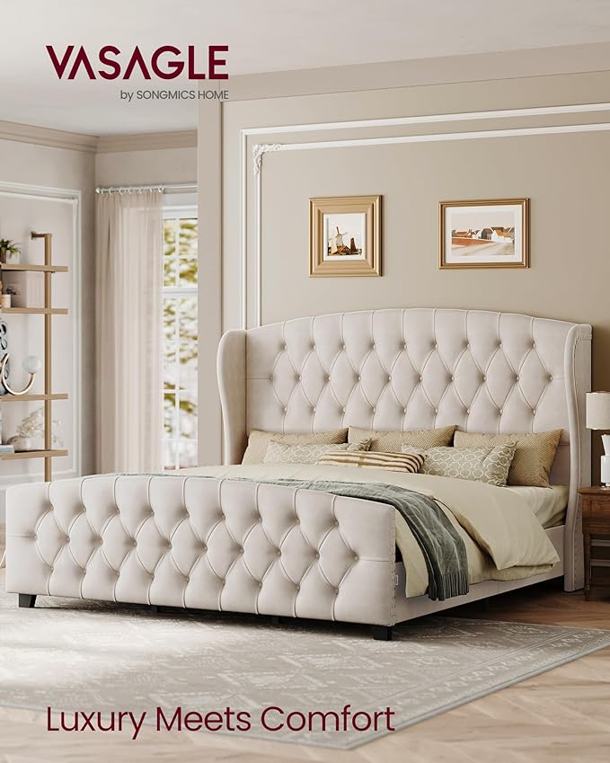 VASAGLE King Bed Frame with Tall Headboard, Upholstered Platform Bed Frame King Size, with Wingback Tufted Headboard and Footboard, Wooden Slats, No Box Spring Needed, Cappuccino Beige URMB884W01