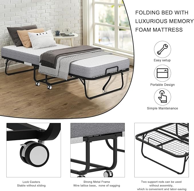 Espsilto Folding Bed with Mattress, Portable Foldable Twin Size 75" x 38" Folded Rollaway Bed with Sturdy Metal Frame for Guest