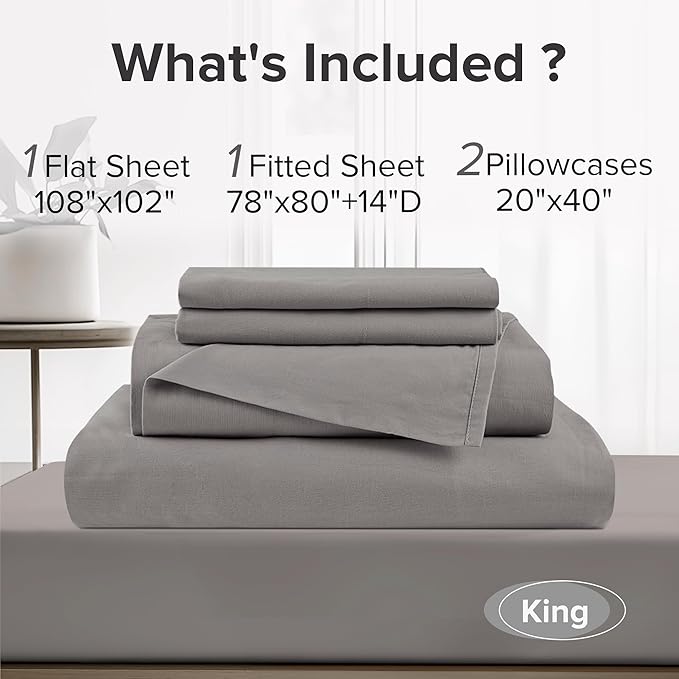 Comfort Spaces 100% Cotton Sheets King, Breathable & Ultra Soft Cotton Sheets, Naturally Cool Cotton Bed Sheets with 14" Elastic Pocket Fits up to 16" Mattress, All Season Sheet Set, Dark Gray 4 Piece