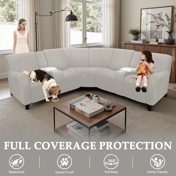 Waterproof Reclining Sectional Couch Covers Washable L Shaped Couch Cover for Sectionals Recliner Sofa Covers Stretch Corner Recliner Slipcovers for Dogs (5 Seater 2 Console Cover, Khaki)