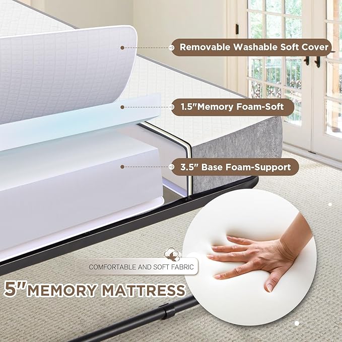 MELLCOM Large 75" x 46"Folding Bed with Mattress,Foldable Rollaway Bed with Mattress for Adults, 5 Inch Memory Foam Mattress,Portable Beds with Metal Frame&Side Pocket