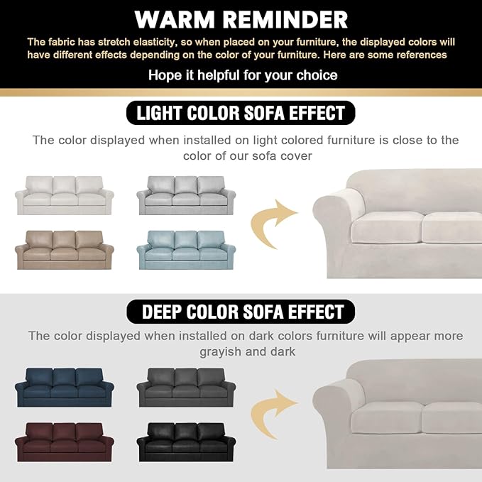 PrinceDeco Velvet Couch Covers for Sofa Soft 4 Pieces Couch Covers for 3 Cushion Couch Sofa Pet Friendly Furniture Protector with Non Slip Elastic Bottom Width Up to 90 Inch(Large, Oatmeal)