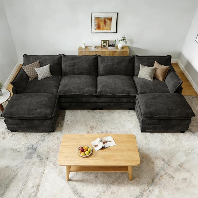 Modular Sectional U Shaped Sofa Couches for Living Room, Cloud Couch with Movable Ottoman, Comfy Chenille Sofa with Pillow for Bedroom and Apartment,Black