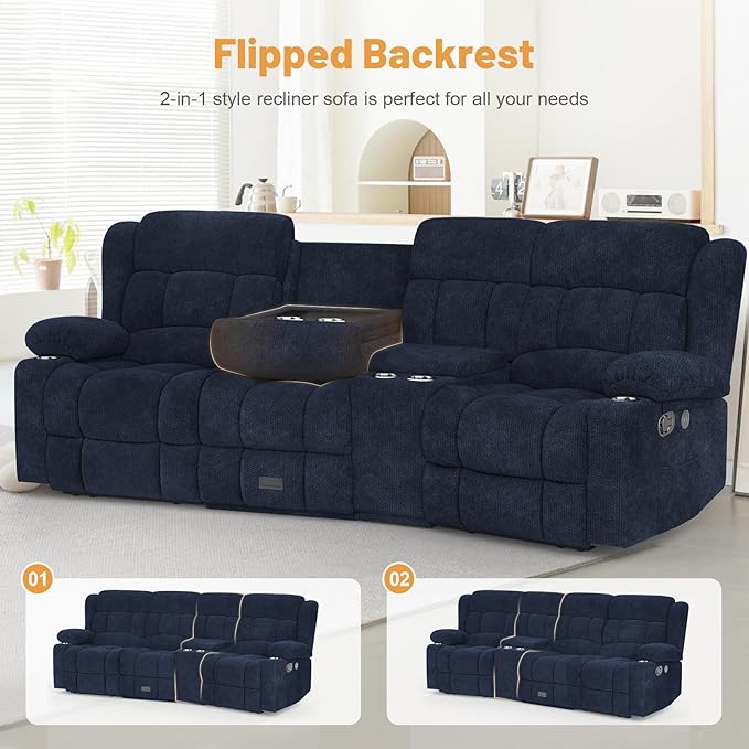 Recliner Sofa Set with Storage Console, Flip Middle Backrest Design 3 Seater Reclining Sofa and Single Recliner Chair, Manual Couches for Living Room (Blue, 3 Seat+Console+1)