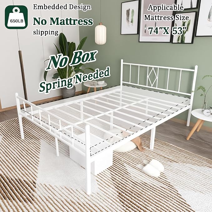 Decorwise 14 Inch Full Size Bed Frames with Headboard/Footboard, Under Bed Storage, Strong Metal Slats Support, No Box Spring Needed, Noise Free, Easy Assembly, White