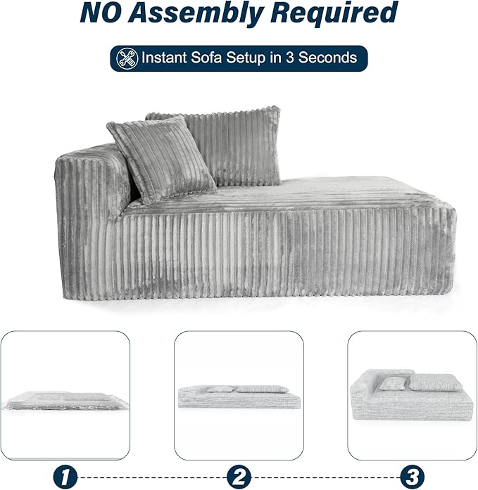 3 Seater L Shaped Sofa with Deep Seat, 101" Cloud Sectional Couch with Chaise, Cozy Modular Couches Sleeper, Oversized Corduroy Sofa for Living Room Bedroom Apartment, Pale Gray
