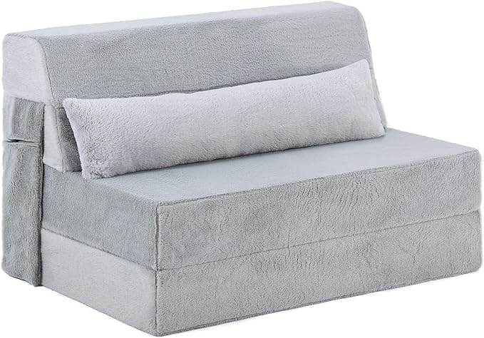 Tiita Convertible Folding Sofa Bed Twin Size for Adults with Pillow, Plush Fabric Floor Mattress Couch Bed, Washable Cover & Side Pocket, Guest Room, Dorm, Apartment, Living Room, White Gray
