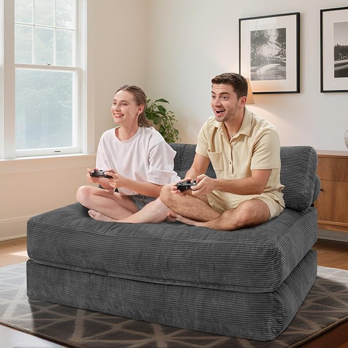 HABUTWAY Folding Sofa Bed, Foldable Floor Sofa Lounge w/Dual-Pillow & Handle, Convertible Sleeper Chair Bed w/Back Support for Living Room, Bedroom, Apartment, Office, Grey, Full