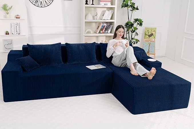 HABUTWAY 101'' Modular Sectional Sofa Cloud Couch with Deep Seat, Modern L-Shaped Convertible Couches Upholstered Couch with Chaise for Living Room Bedroom(Blue, Right-Facing Chaise)