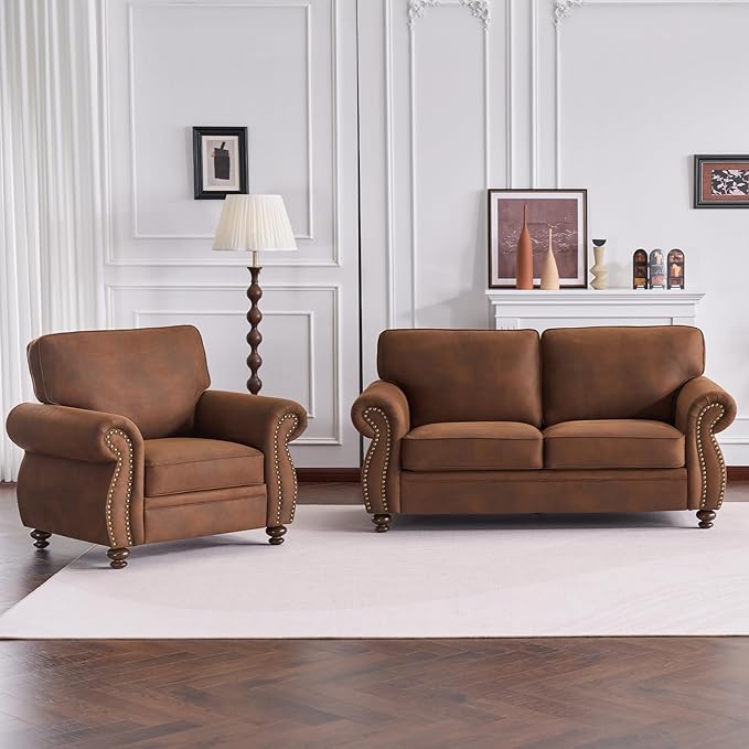 Living Room Furniture Sets,Sofa Sets and Couch Sets for Living Room,Mid-Century Vintage Sofa Couches with Rivet Design (Caramel, Single+Loveseat)