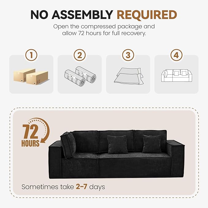 108'' Comfy Chenille Boneless Couch, Oversized Modular Sectional 3 Seater Sofa, Modern Deep Seat Corner Cloud Compressed Couch, No Assembly Sleeper Sofa with Chaise for Living Room, Black