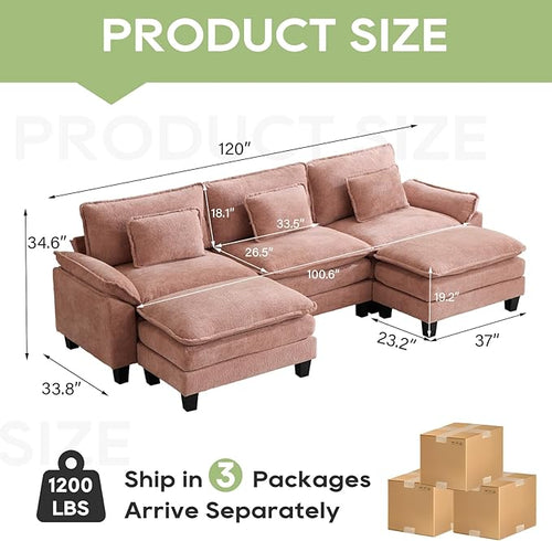 120" Modular Sectional Sofa, Comfy Cloud Couch Sectional Sofa with Ottoman, Chenille Sofa Sleeper Deep Seat Sofa with Throw Pillows for Living Room (Pink, 120"- U Shape)