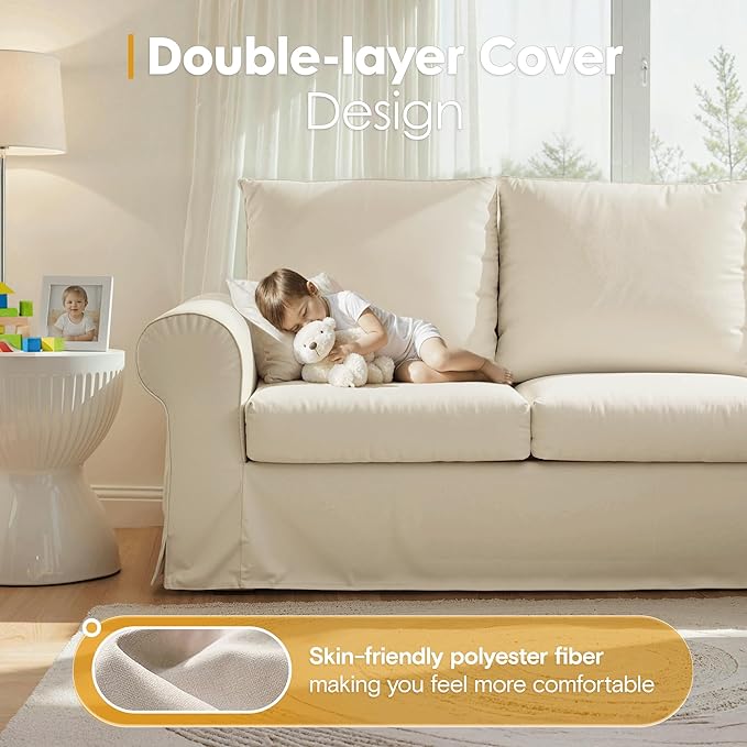 89" 3 Seater Sofa for Living Room, Deep Seated Comfy Couch with Removable Linen Slipcover, Modern Farmhouse Rolled-Arm Sofa, High Back Support, Cream White