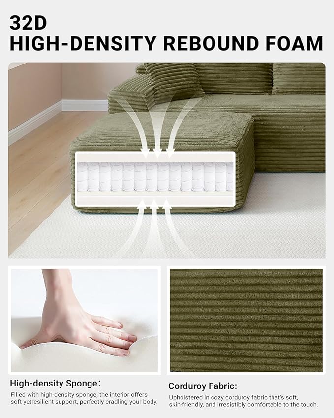 132 Inch Modular Sectional Sleeper Sofa, Boneless Cloud Couch for Living Room, U Shaped 5 Seat Sofa with 2 Cup Holders, Free Combination, No Assembly Required (Green)