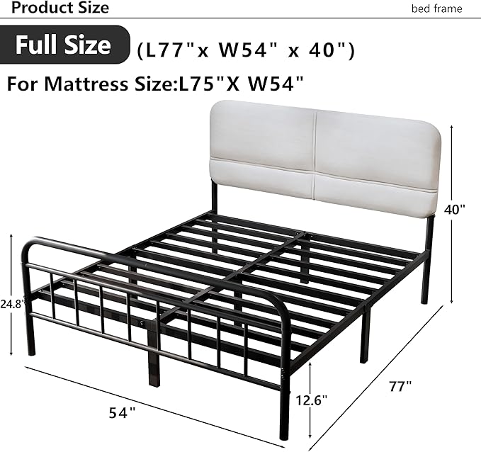 14Inch Metal Bed Frame,Full Size Bed Frame with Upholstered Headboard,Heavy Duty Sturdy Mattress Foundation,Easy Assembly,No Box Spring Needed,White-Full