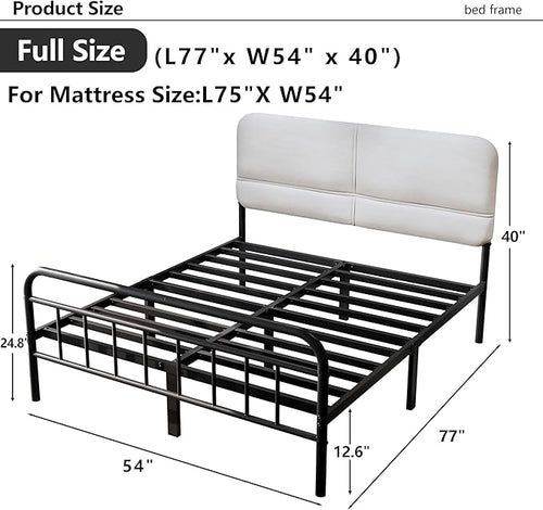 14Inch Metal Bed Frame,Full Size Bed Frame with Upholstered Headboard,Heavy Duty Sturdy Mattress Foundation,Easy Assembly,No Box Spring Needed,White-Full