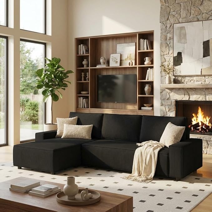 GAOMON Fine Stripe Corduroy Sectional Sofa, l Shaped Modern Corduroy Couch, Comfy Sofa Couch with Deep Chaise for Living Room, Apartment, Hotel, 96" w*61" d*32" h, Black