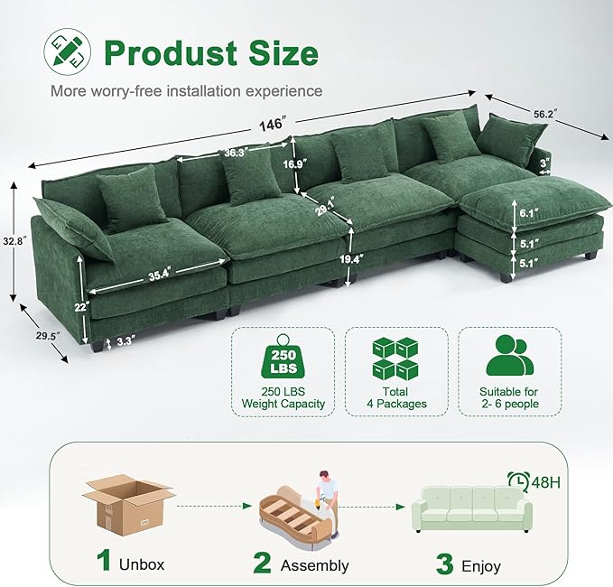 U-Shaped Cloud Chenille Sofa Sectional Couch with 2 Ottomans, 146" Modular Sofa for Large Spaces, Ultimate Comfort with Deep Seats & Pillows, Solid Frame, 1YR Warranty