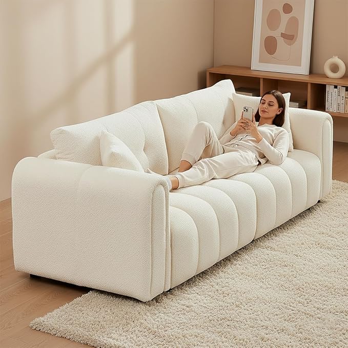 91.5" W Cloud Boucle Sofa for Living Room, Modern Comfy Boucle Couch with Rolled Arms and Soft Pillows, Teddy Oversized Loveseat for Apartment, Studio, Bedroom, Cream White