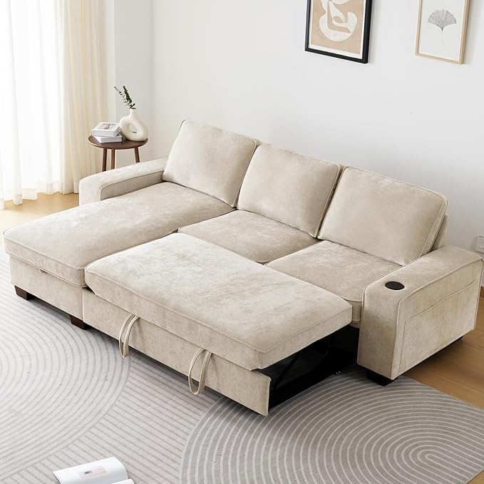 ASHOMELI 99" Convertible Sleeper Sofa Bed,L Shaped with Storage Chaise Pull Out Couch for Living Room,USB and Type-C,Removable Washable Chenille Covers (Beige)