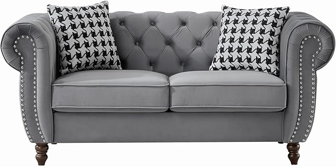 Comfortable Straight-Row Sofa with 2 Pillows,67" Refined Velvet 2 Seat Sofa with Roll Armrest & Nailhead,Sturdy Structure Upholstered Loveseat Couch for Apartment,Office,Reception Area,Grey