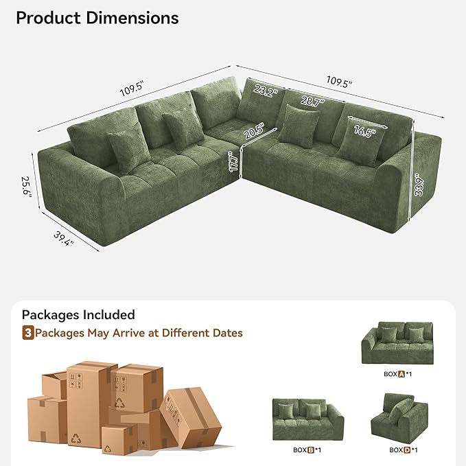 110''Modular Sectional Couches for Living Room, Cloud Boneless Compressed Sectional Sofa, Oversized L Shaped 5 Seater Upholstered Memory Foam Sofa, No Assembly, Chenille Green