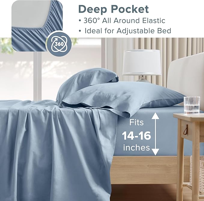 Comfort Spaces 100% Cotton Sheet Set Breathable, Lightweight, Soft with 14" Elastic Pocket Fits up to 16" Mattress, All Season Cozy Bedding, Matching Pillow Case, Cal King Blue 4 Piece