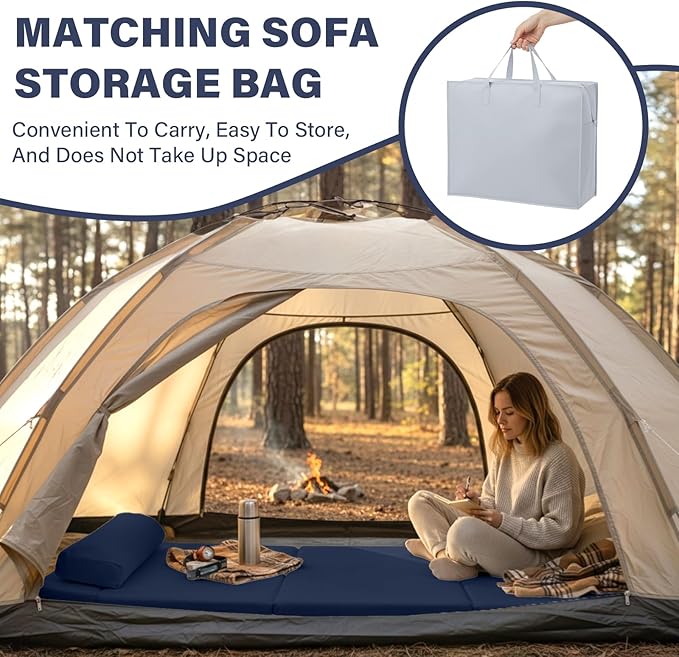 Tiita Folding Sofa Bed Chair, 4-Fold Convertible Sleeper Chair with Lumbar Pillow, Washable Cover & Side Pocket, Floor Couch Bed with Raised Seat, Single Size for Small Spaces, Navy