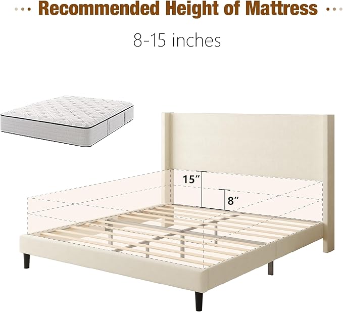 Sismplly Queen Bed Frame with Wingback Headboard, Velvet Upholstered Platform Bed with Wooden Slats, 6.46“ Under Bed Storage, Metal Support, Noise Free, No Box Spring Needed, Beige