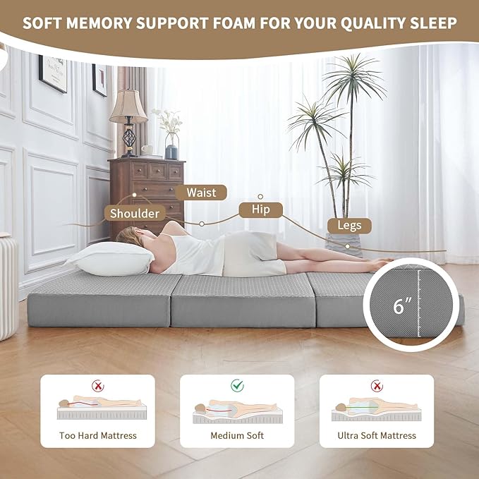 CYMULA Folding Mattress Queen Size, Memory Foam 6 inch Tri Portable Trifold Mattress Futon Topper Queen with Breathable & Washable Cover, Murphy Bed Guest Bed,Grey (58"x75"x6")