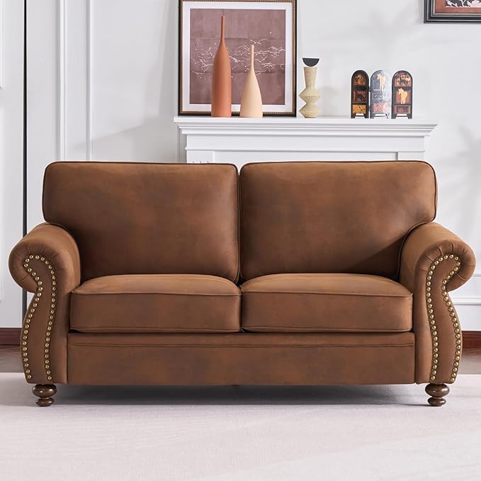 Mid-Century Vintage Sofa Couches with Rivet Design,loveseat Sofa,Removable Sofa Cover Upholstered Cushions and Solid Wood Frame (Caramel, Loveseat)