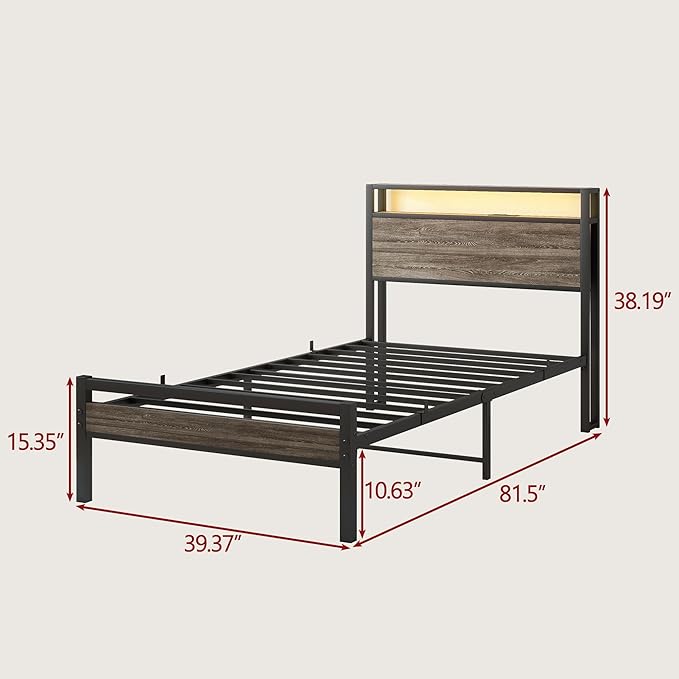 BOFENG Twin Bed Frame with Wood Headboard and USB Charging Station,Heavy Duty Metal Platform Single LED Bed Frame Twin Size with Storage No Box Spring Needed,Strong Steel Slats,Noise Free,Rustic Grey