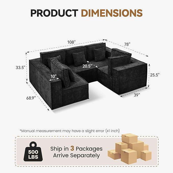 108'' Boneless Chenille U Shaped Couch, Oversized Modular Sectional 5 Seater Sofa, Modern Deep Seat Corner Cloud Compressed Couch, No Assembly Sleeper Sofa with Chaise for Living Room, Black