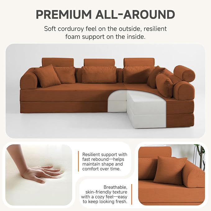 Boneless Sectional for Small Spaces, 106” L Shaped Couch from Two 70.87” Modules, Reconfigures to 141.7” Straight Sofa, Corduroy Compressed Couch in a Box with Headrest Back Pillows, Orange