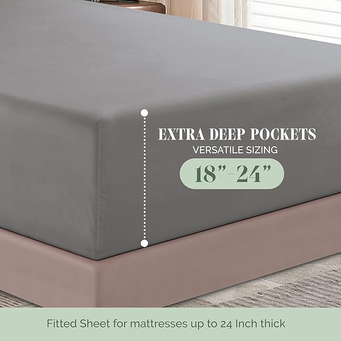 Elegant Comfort 1500 Premium Hotel Quality 18-24 Inches Deep - Extra Deep Pocket Single Fitted Sheet for High Mattress, Luxury and Softest, Smart Pocket - Wrinkle Free, California King, Gray