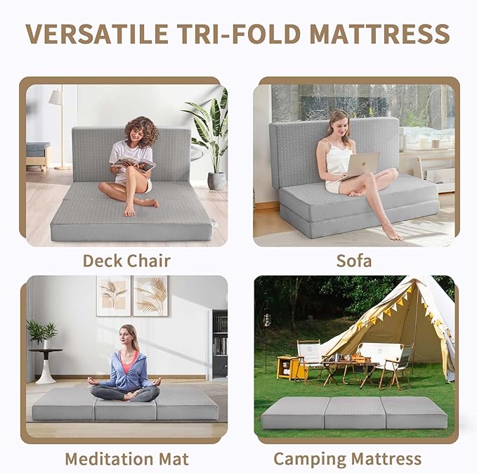 CYMULA Folding Mattress Twin, 6 Inch Memory Foam Tri-Fold Floor Bed and Futon, Twin Topper with Breathable & Washable Cover, Foldable Mattress for Guest Bed, Office Nap,Camping,Grey (38" x 75" x 6")