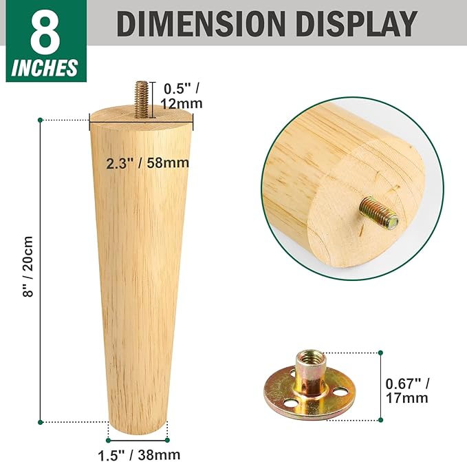 FoDau770 Rubber Wood Furniture Legs 8 Inches, Straight Tapered Wood Feet Mid Century Sofa Legs Set of 8, 5/16" UNC Furniture Feet Replacement Parts for Cabinet Couch Dresser Chair Ottoman Table