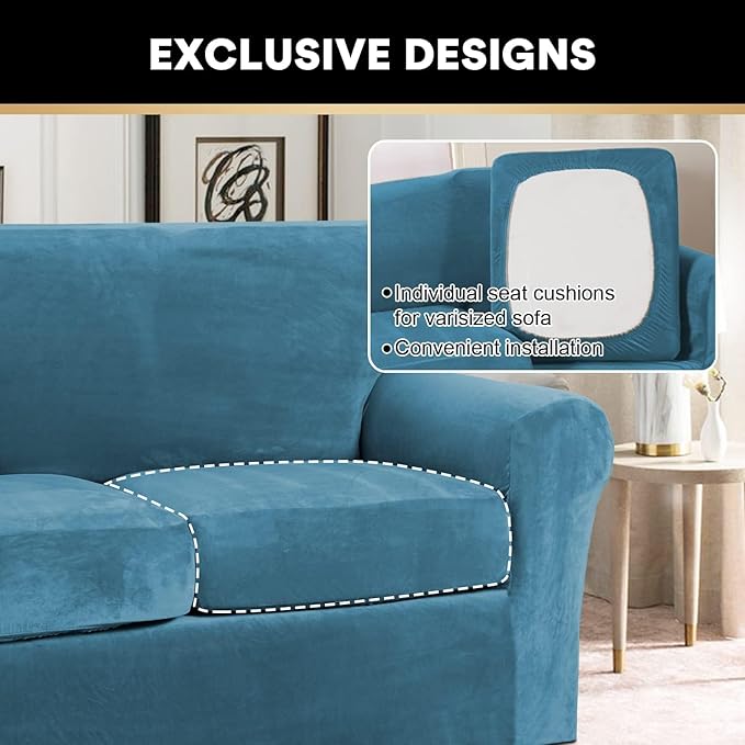 PrinceDeco Velvet Couch Covers for Sofa Soft 4 Pieces Couch Covers for 3 Cushion Couch Sofa Pet Friendly Furniture Protector with Non Slip Elastic Bottom Width Up to 97 Inch (Large Sofas, Blue)