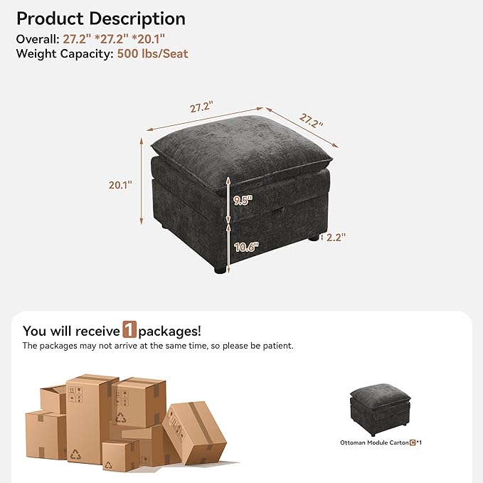 27" Large Square Ottoman with Storage, Modern Upholstered Footrest with Anti-Slip Legs for Couch Coffee Table Living Room, Bedroom, Entryway, Chenille Dark Grey | Upholstered Footrest, Square Ottoman, Footrest, Coffee Table, Couch