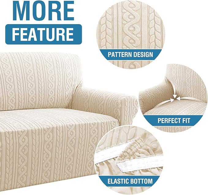 H.VERSAILTEX Sofa Cover 1 Piece Stretch Sofa Slipcovers Non Slip Sofa Cover with Elastic Bottom Washable for Kids, Pets Upgrade Thick Jacquard Fabric with Spiral Pattern(75"-85", Ivory)