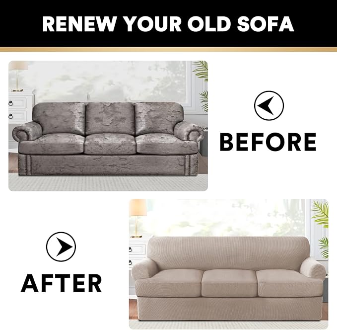 PrinceDeco T Cushion Sofa Slipcover 4 Pieces Sofa Covers for T Cushion Couch Soft Sofa Slip Covers Furniture Protector with 3 Individual T Shape Seat Covers Width Up to 88 Inch, Sand
