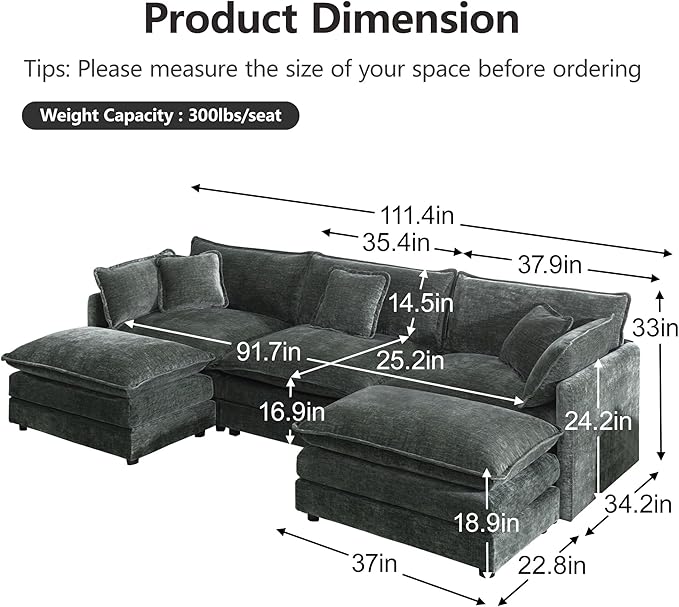 mikibama Modular Sectional Sofa, 111.5 Inch U Shaped Couch Set for Living Room, 3-Seater Comfy Cloud Couches with Movable Ottoman, DIY Combination, Chenille, Grey