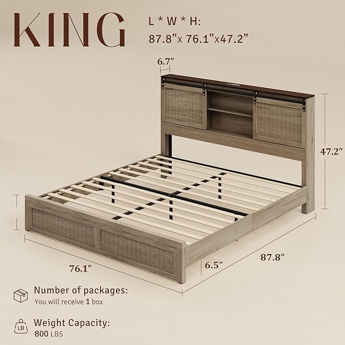 King Size Bed Frame with Storage Headboard, Sliding Barn Door, Wood Platform Bed with Reading Light and Charging Station, Wood Slats Support, Easy Assembly, Noise-Free, Light Rustic Oak