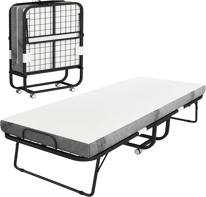 HOMCOM Folding Bed with Mattress for Adults, Long Twin Size, Portable Foldable Bed with 4" Foam Mattress & Space-Saving Steel Frame, 79" x 35", Fold Up, Roll Away & Hideaway, White